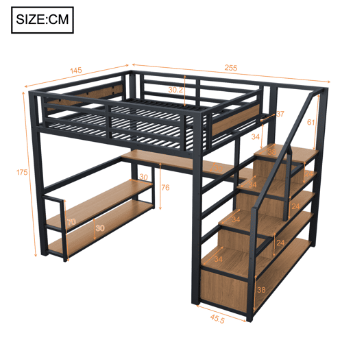 Cama alta de metal 140x200 - Cama com escada de arrumação, prateleiras e mesa, design com grades de segurança e painéis de metal, estrutura metálica para suporte estável - Preto