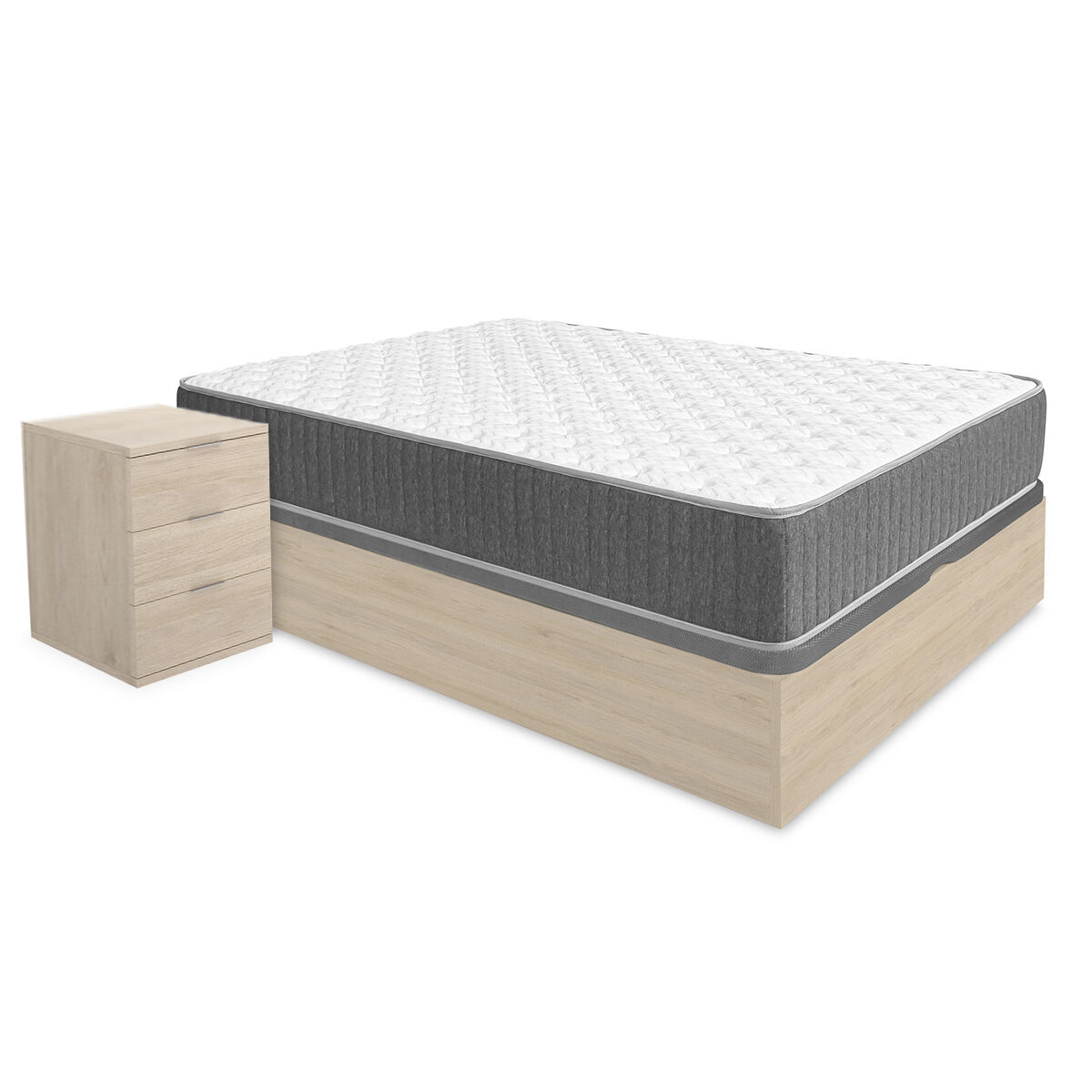 Pack ahorro matrimonio canapé nest roble con colchón viscoelástico y muelles aurea 135 x 190 cm, 2 mesitas de noche rio