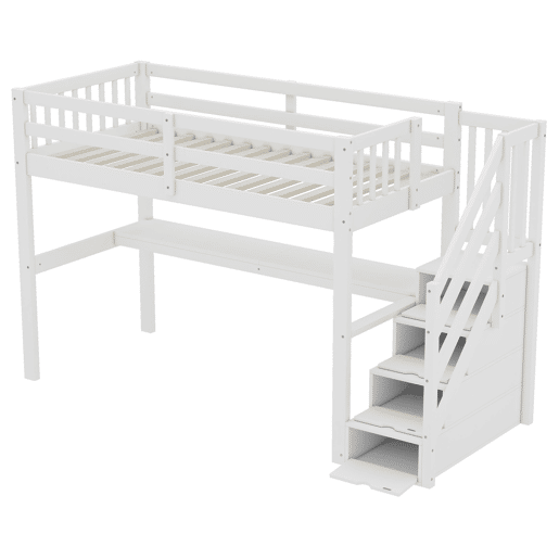 Cama alta 90x200 cm - Cama infantil com gavetas de arrumação e secretária debaixo da cama - Branco