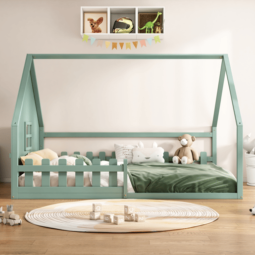 Cama de cabana para crianças 140x200 cm - Forma de cabana - Pinho e MDF - Verde