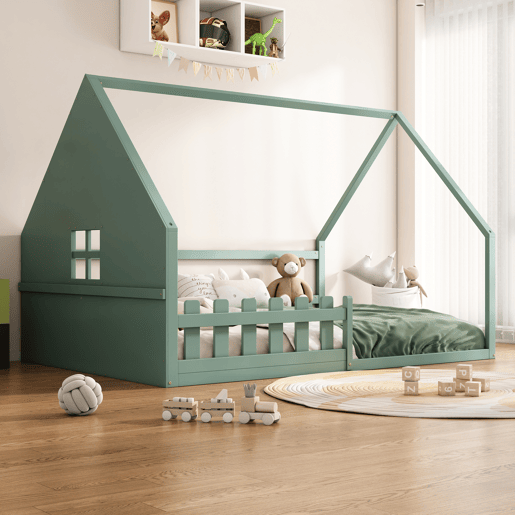 Cama de cabana para crianças 140x200 cm - Forma de cabana - Pinho e MDF - Verde