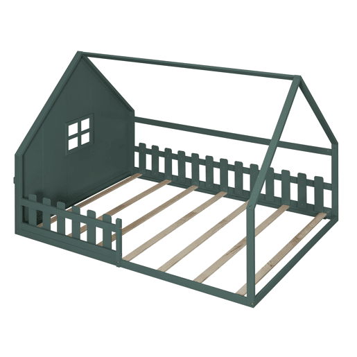 Cama de cabana para crianças 140x200 cm - Forma de cabana - Pinho e MDF - Verde