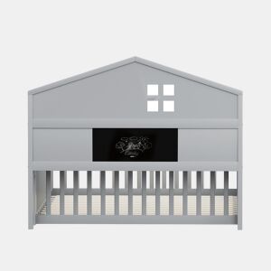 Cama de madeira para crianças 140x200 cm - com prateleiras e grelha de proteção - com estrado - Cinzento