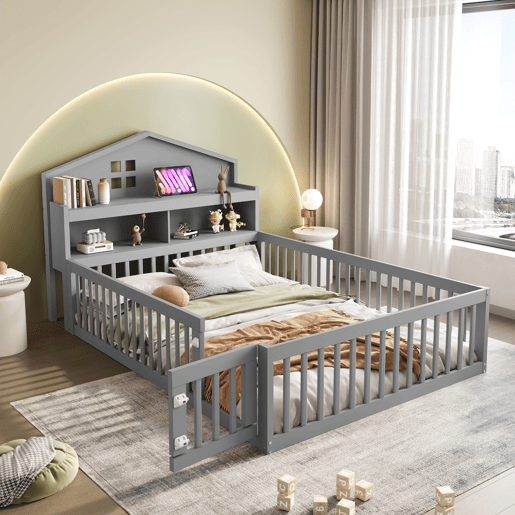 Cama de madeira para crianças 140x200 cm - com prateleiras e grelha de proteção - com estrado - Cinzento