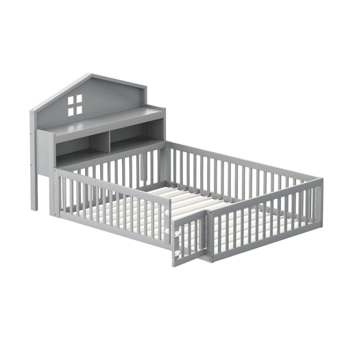 Cama de madeira para crianças 140x200 cm - com prateleiras e grelha de proteção - com estrado - Cinzento