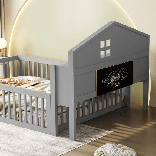 Cama de madeira para crianças 140x200 cm - com prateleiras e grelha de proteção - com estrado - Cinzento