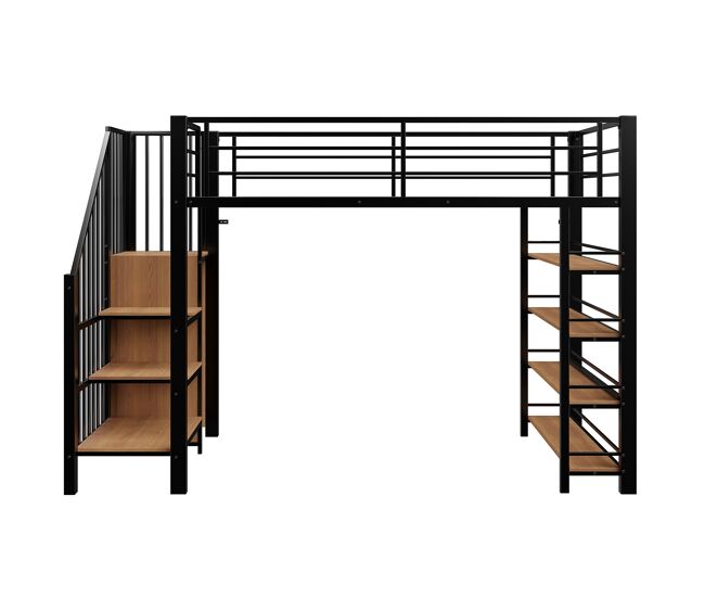Cama alta 90*200 cm - escalera de seguridad, almacenamiento y pequeño armario, estantes, diseño de cerca alto - negro