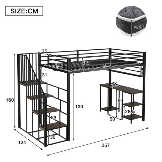 Cama loft 120x200 cm - Com escada, secretária e prateleira de arrumação - Preto + Nogueira escura Cama loft 120x200 cm - Com escada, secretária e prateleira de arrumação - Preto + Nogueira escura