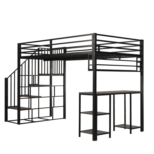 Cama loft 120x200 cm - Com escada, secretária e prateleira de arrumação - Preto + Nogueira escura Cama loft 120x200 cm - Com escada, secretária e prateleira de arrumação - Preto + Nogueira escura