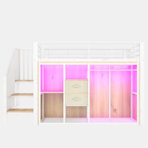 Cama loft 90x200 cm - 2 gavetas, armário aberto, LED multicolorido, vários compartimentos - Branco