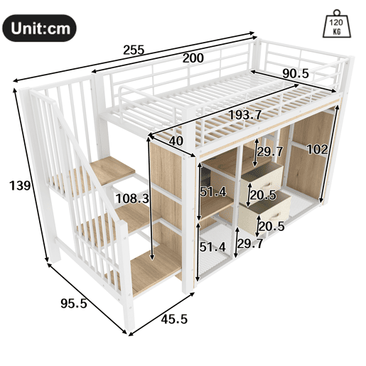 Cama loft 90x200 cm - 2 gavetas, armário aberto, LED multicolorido, vários compartimentos - Branco