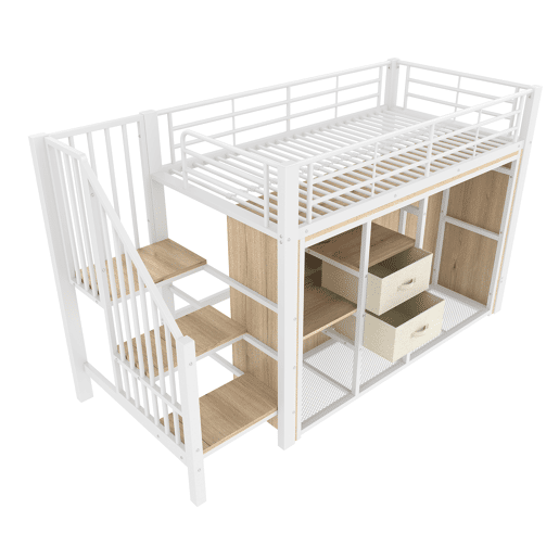 Cama loft 90x200 cm - 2 gavetas, armário aberto, LED multicolorido, vários compartimentos - Branco