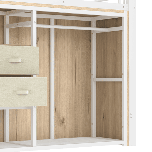 Cama loft 90x200 cm - 2 gavetas, armário aberto, LED multicolorido, vários compartimentos - Branco