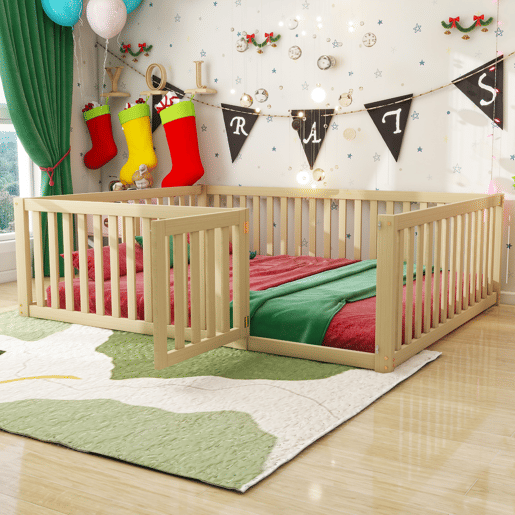 Cama infantil 140x200cm de madera maciza con barrera de seguridad - Natural