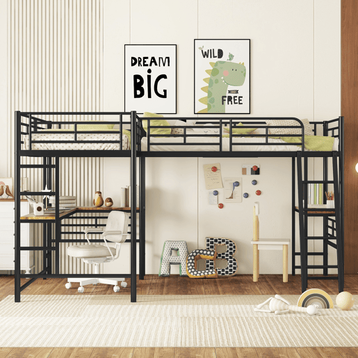 Cama mezzanine - 2 camas 90x200 cm - 2 secretárias debaixo da cama - Preto