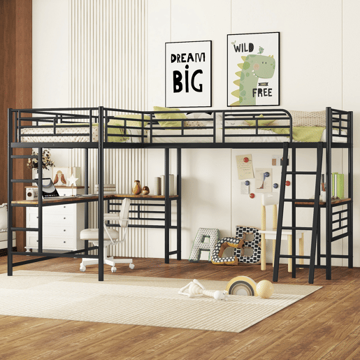 Cama mezzanine - 2 camas 90x200 cm - 2 secretárias debaixo da cama - Preto