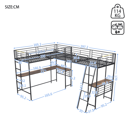 Cama mezzanine - 2 camas 90x200 cm - 2 secretárias debaixo da cama - Preto