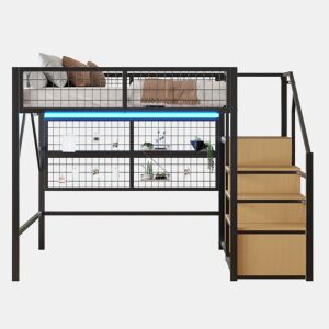 Cama alta metálica 140*200 - Com luz LED controlada por APP, escadas com arrumação e armário aberto - Preto