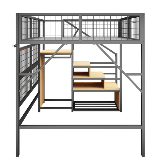 Cama alta metálica 140*200 - Com luz LED controlada por APP, escadas com arrumação e armário aberto - Preto