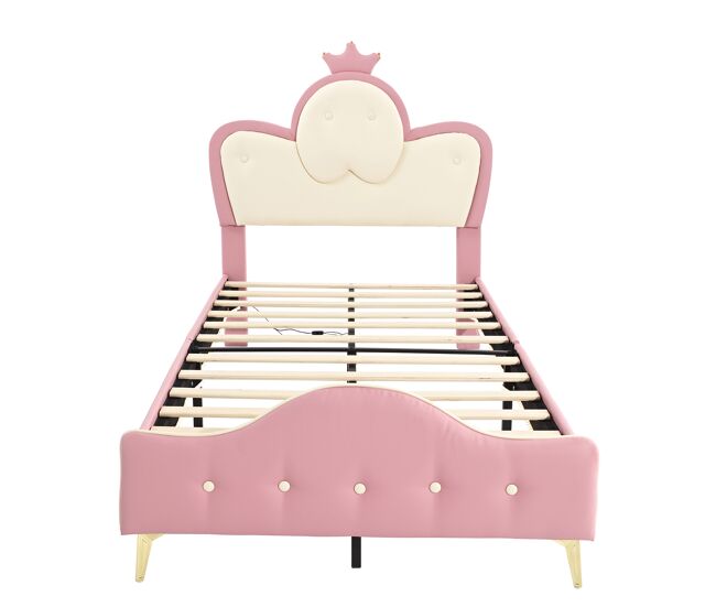 Cama infantil 90x200cm en símil piel - con led - rosa y blanco