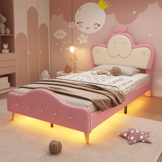 Cama de criança 90x200cm em pele sintética - com LED - Rosa e branco