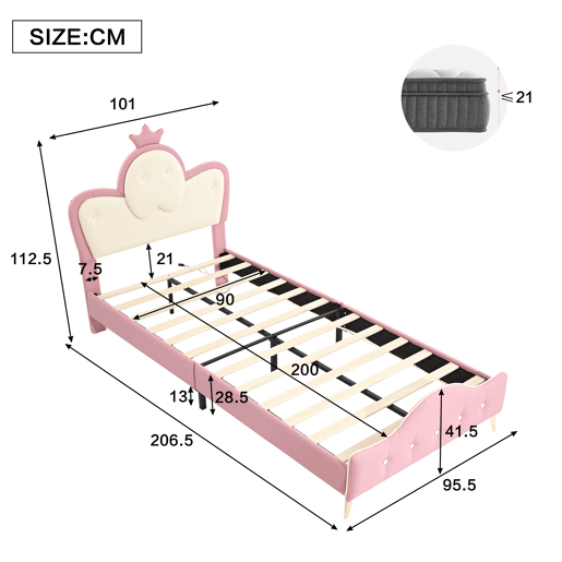 Cama de criança 90x200cm em pele sintética - com LED - Rosa e branco