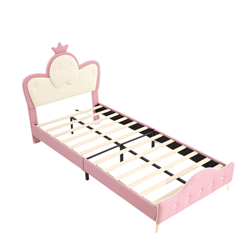 Cama de criança 90x200cm em pele sintética - com LED - Rosa e branco