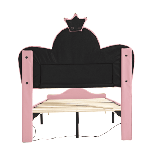 Cama de criança 90x200cm em pele sintética - com LED - Rosa e branco