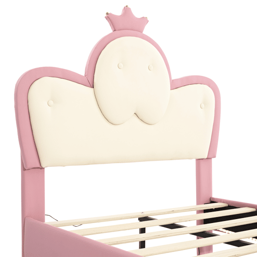 Cama de criança 90x200cm em pele sintética - com LED - Rosa e branco