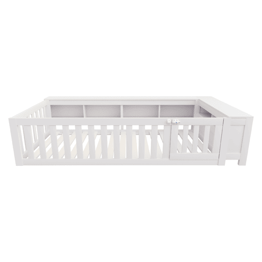 Cama infantil multifuncional 90x200 cm - Com compartimentos de arrumação, grade de segurança e porta, cama de madeira maciça com estrado - Branco