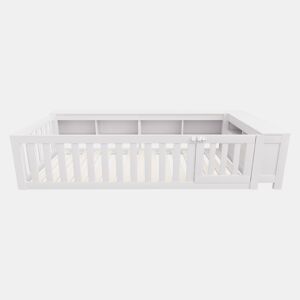 Cama infantil multifuncional 90x200 cm - Com compartimentos de arrumação, grade de segurança e porta, cama de madeira maciça com estrado - Branco