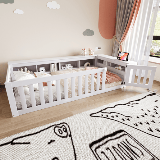 Cama infantil multifuncional 90x200 cm - Com compartimentos de arrumação, grade de segurança e porta, cama de madeira maciça com estrado - Branco