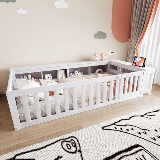 Cama infantil multifuncional 90x200 cm - Com compartimentos de arrumação, grade de segurança e porta, cama de madeira maciça com estrado - Branco
