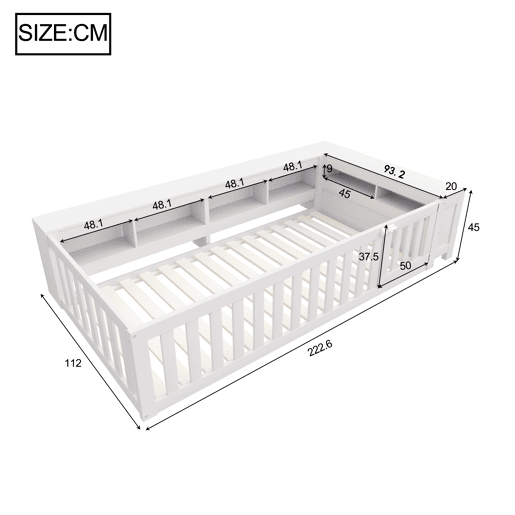 Cama infantil multifuncional 90x200 cm - Com compartimentos de arrumação, grade de segurança e porta, cama de madeira maciça com estrado - Branco