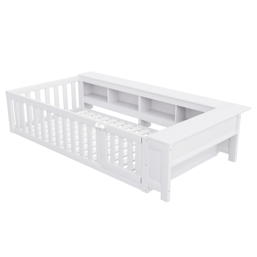 Cama infantil multifuncional 90x200 cm - Com compartimentos de arrumação, grade de segurança e porta, cama de madeira maciça com estrado - Branco