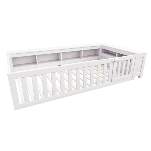 Cama infantil multifuncional 90x200 cm - Com compartimentos de arrumação, grade de segurança e porta, cama de madeira maciça com estrado - Branco