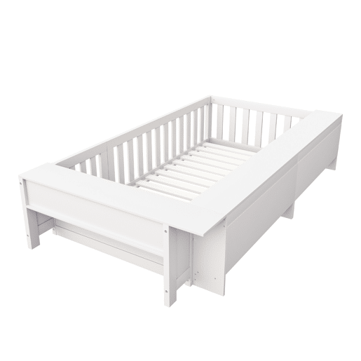 Cama infantil multifuncional 90x200 cm - Com compartimentos de arrumação, grade de segurança e porta, cama de madeira maciça com estrado - Branco