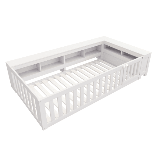Cama infantil multifuncional 90x200 cm - Com compartimentos de arrumação, grade de segurança e porta, cama de madeira maciça com estrado - Branco