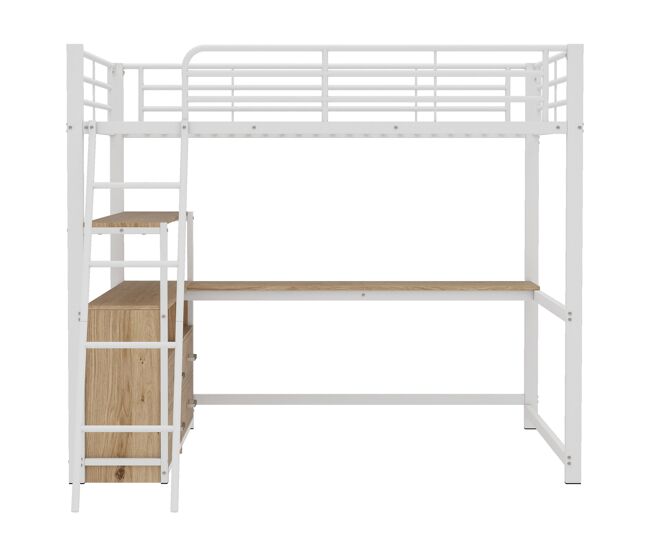 Cama alta 140x200cm - escritorio esquinero con cajones - en mdf y metal - blanco