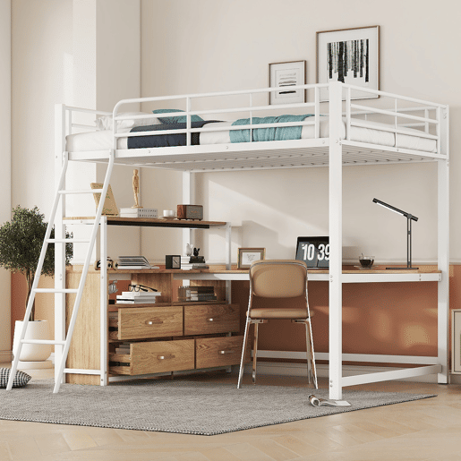 Cama alta 140x200cm - secretária de canto com gavetas - em MDF e metal - Branco