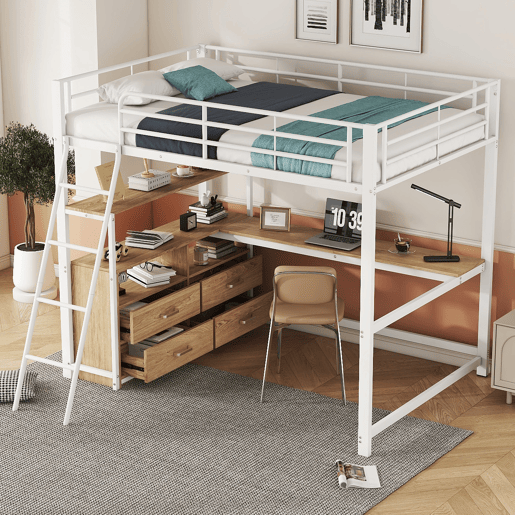 Cama alta 140x200cm - secretária de canto com gavetas - em MDF e metal - Branco