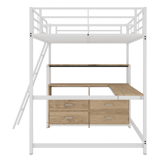 Cama alta 140x200cm - secretária de canto com gavetas - em MDF e metal - Branco