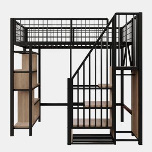 Cama alta multifuncional 90x200 cm - Com arrumação, prateleiras e escada - Preto