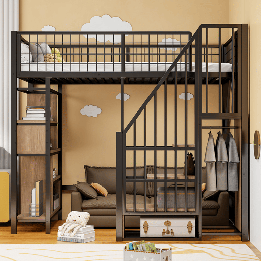 Cama alta multifuncional 90x200 cm - Com arrumação, prateleiras e escada - Preto