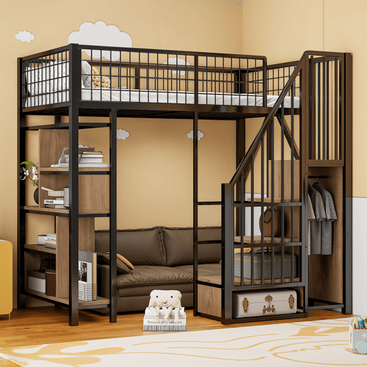 Cama alta multifuncional 90x200 cm - Com arrumação, prateleiras e escada - Preto