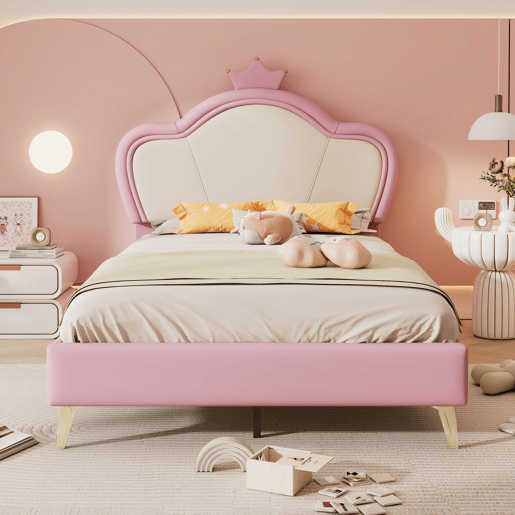 Cama de criança 90x200cm em pele sintética - design exclusivo - Rosa e branco