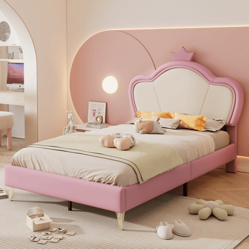 Cama de criança 90x200cm em pele sintética - design exclusivo - Rosa e branco