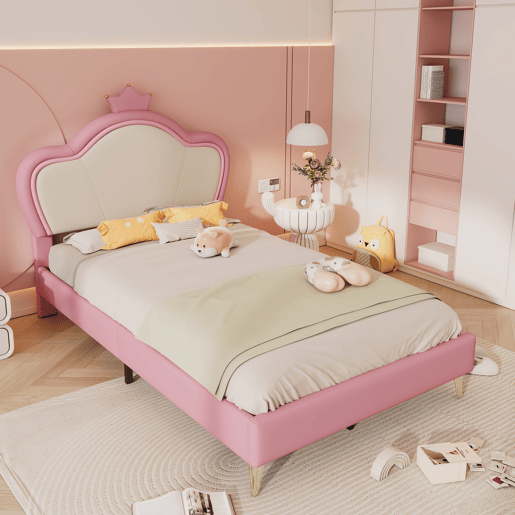 Cama de criança 90x200cm em pele sintética - design exclusivo - Rosa e branco