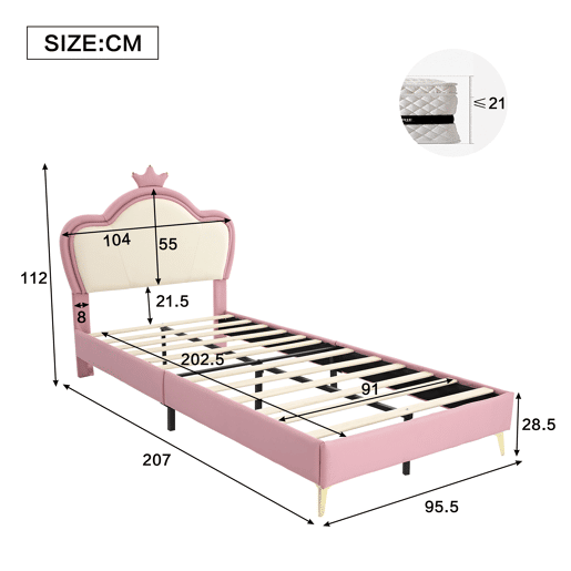 Cama de criança 90x200cm em pele sintética - design exclusivo - Rosa e branco