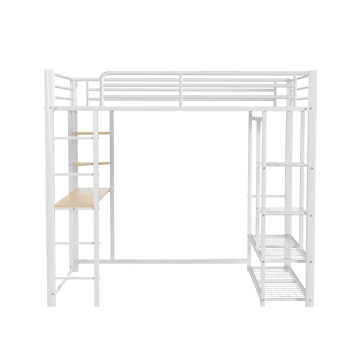 Cama mezzanine metálica 140x200 cm - com mesa e prateleiras - Branco